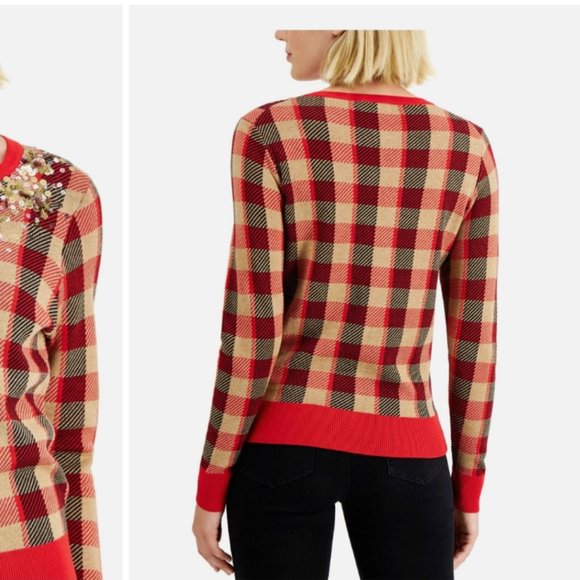 Charter Club Ravishing Red Sequined Plaid Cardigan Sweater - Picture 7 of 14